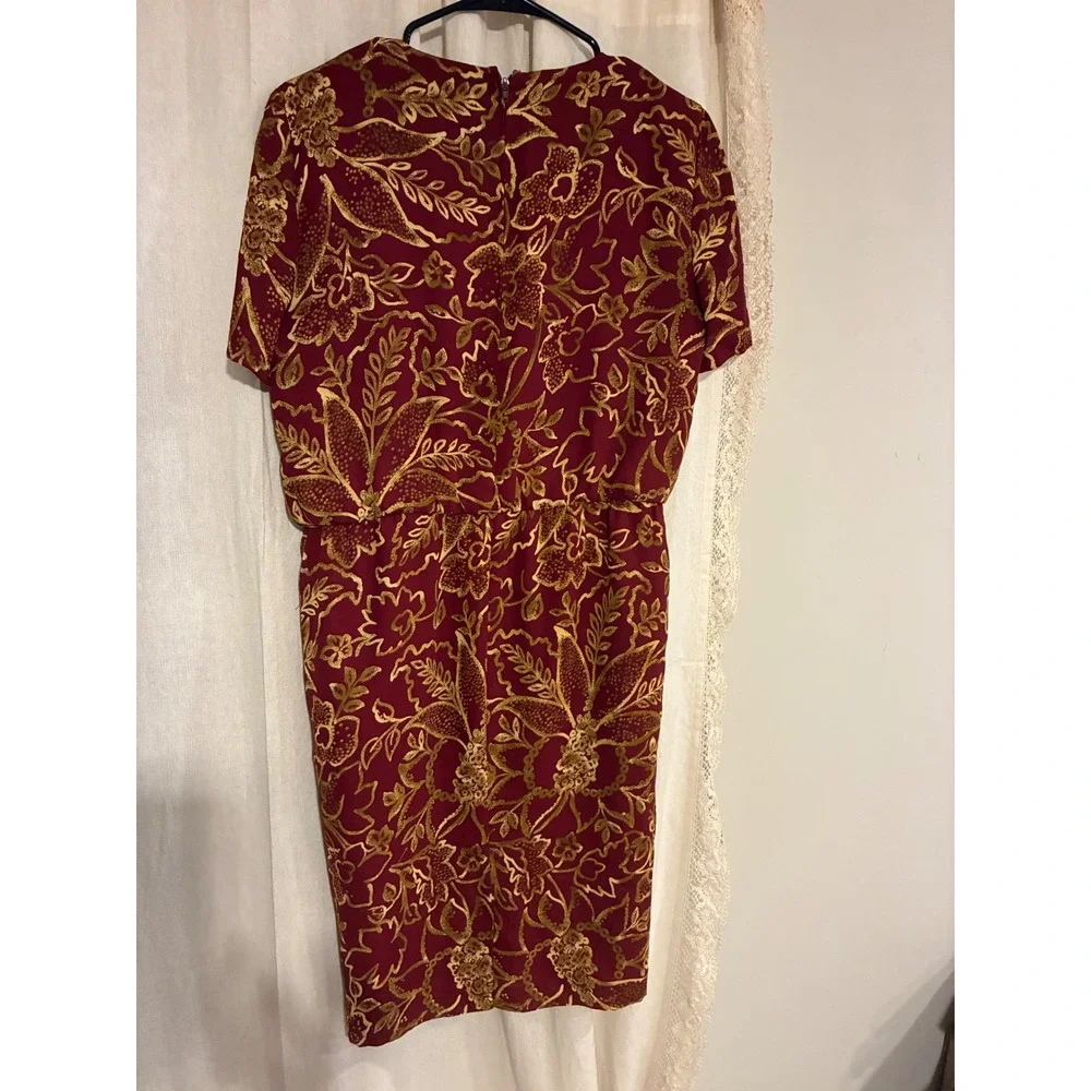 Leslie Fay Petite‎ Vintage 80s Floral Sheath Dress Burgundy Gold Size 6P